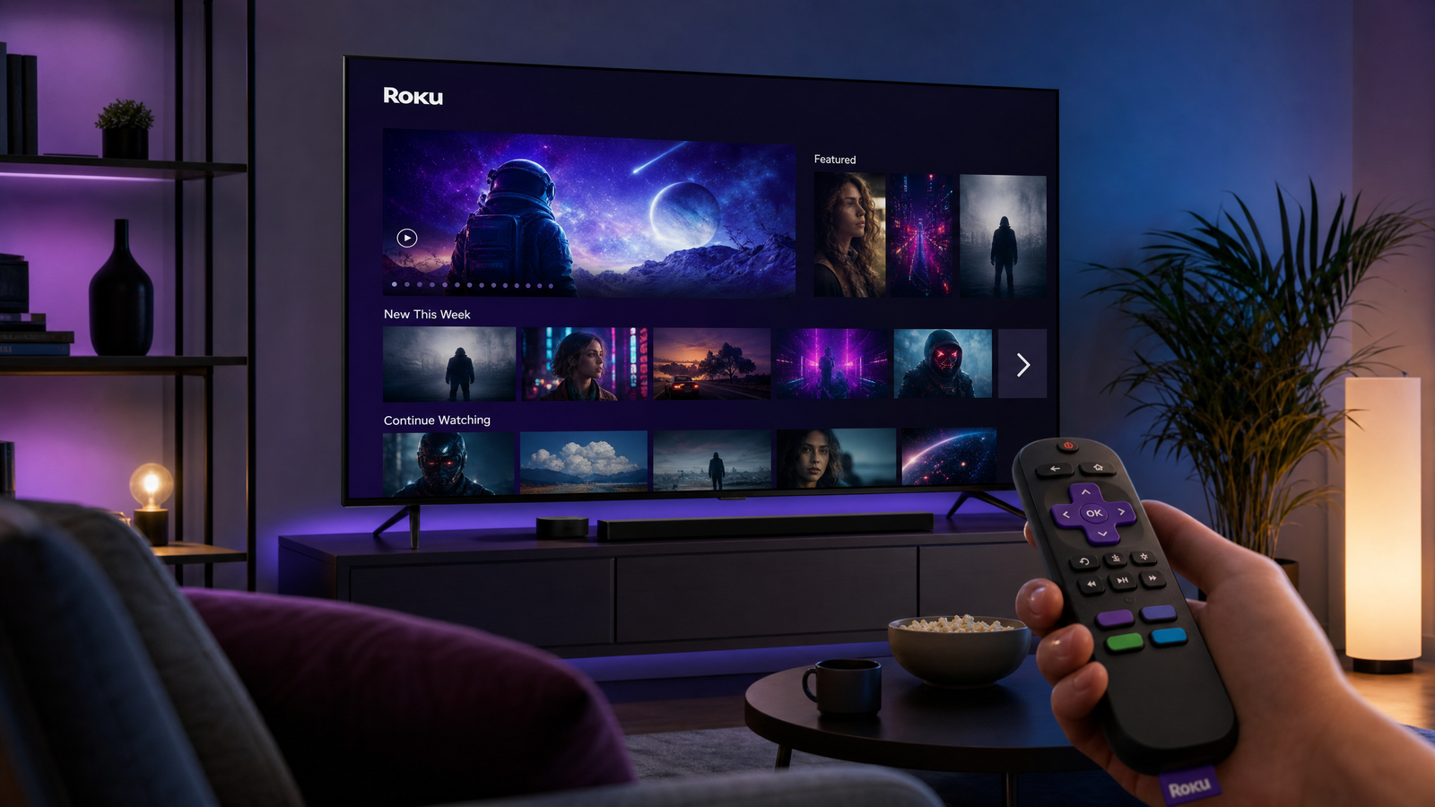 Person holding Roku remote watching a streaming channel on a large TV in a modern living room