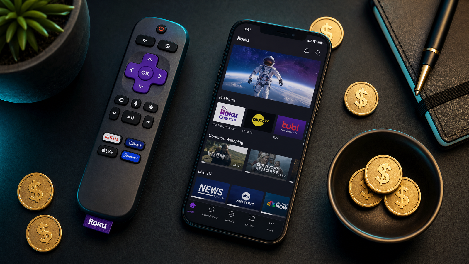 Roku remote and smartphone with dollar coins showing the cost of launching a Roku channel