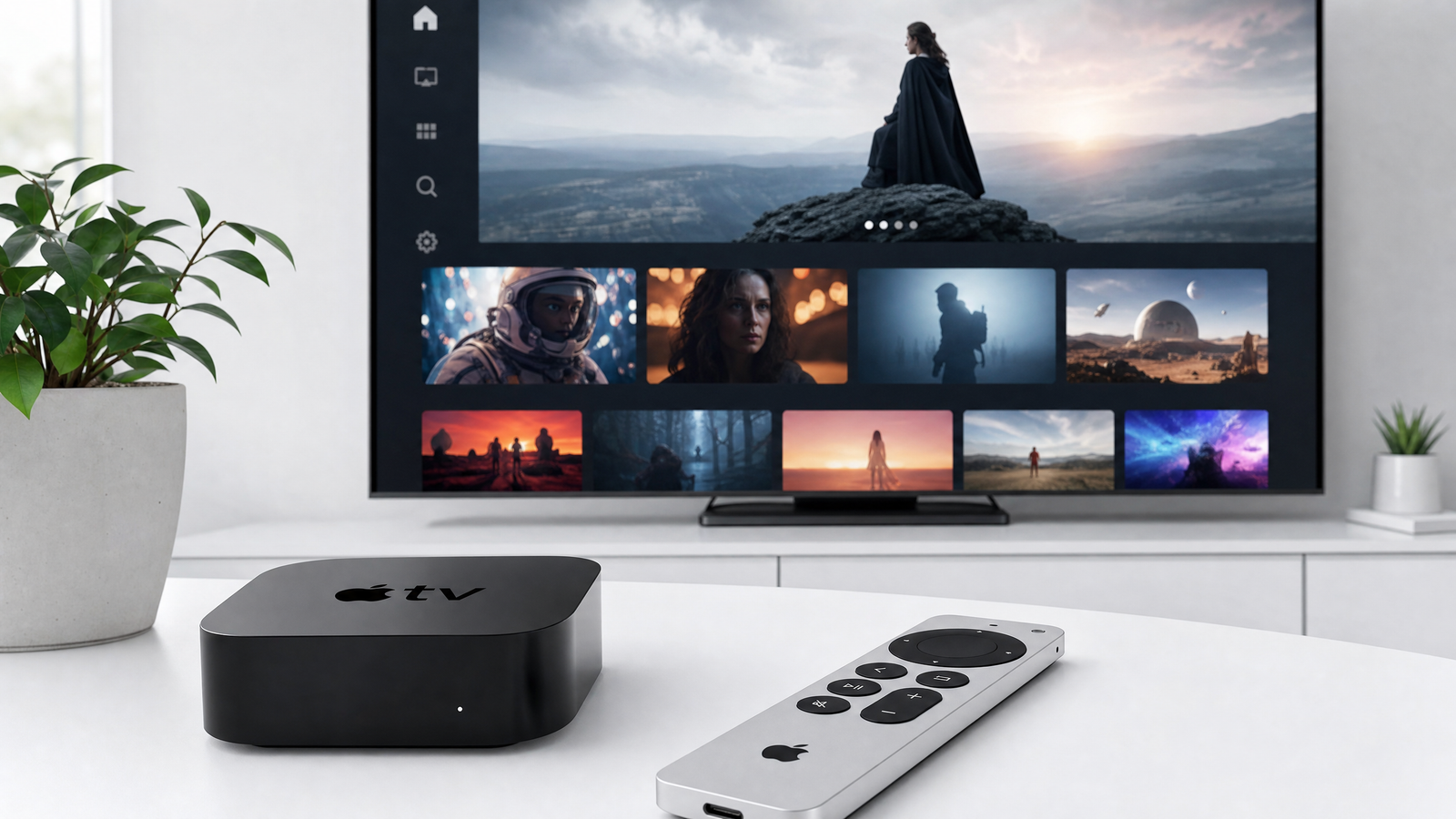 Apple TV 4K device with Siri Remote connected to a large TV showing a streaming app interface