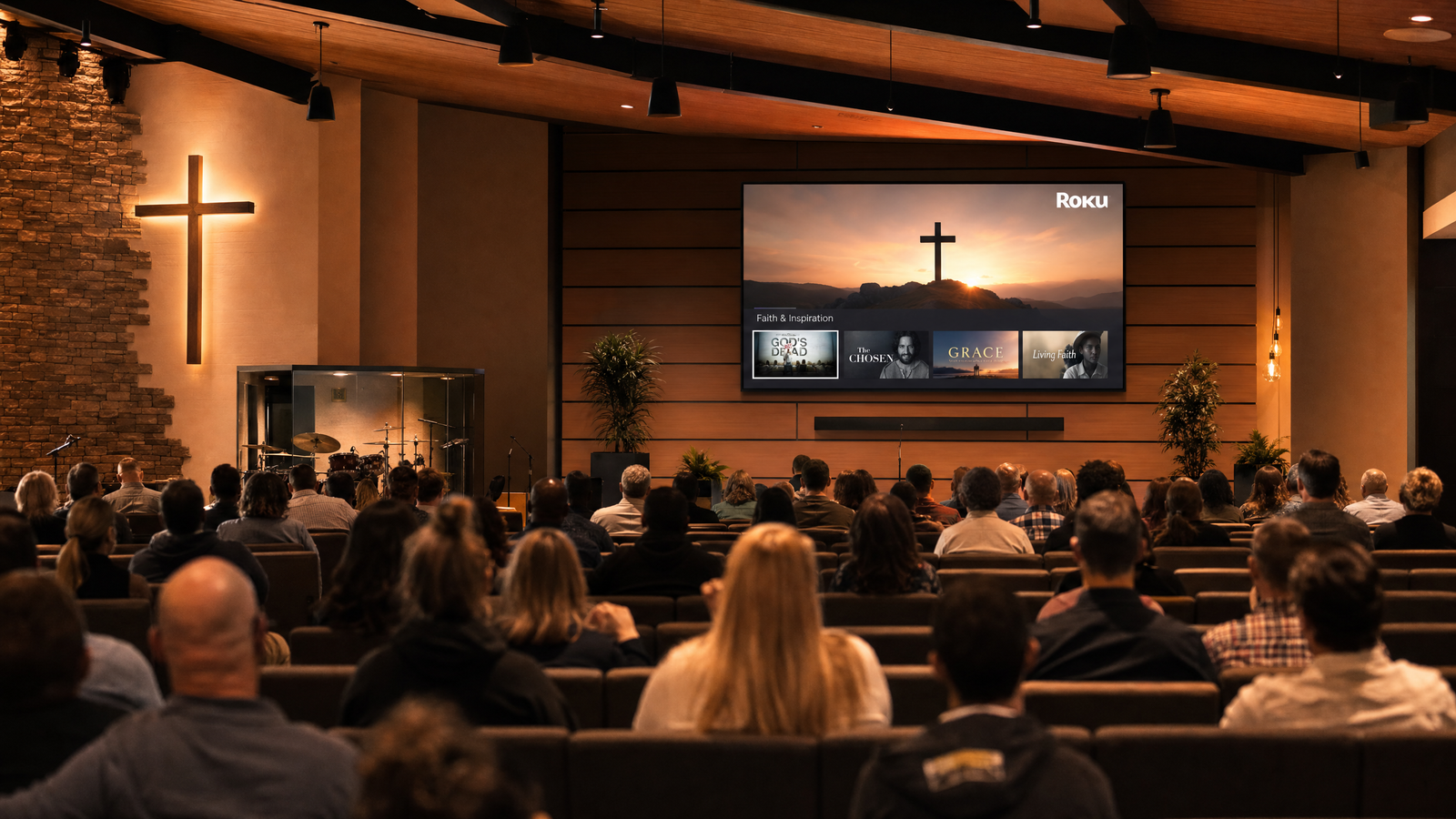 Church congregation watching a Christian streaming channel on Roku displayed on a large screen