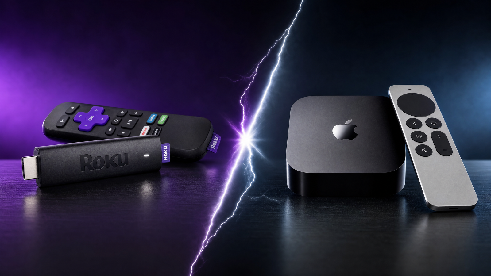 Roku Streaming Stick vs Apple TV 4K side by side comparison with dramatic lightning bolt between them